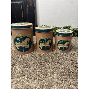 Vintage Set 3 Nesting Tin Canisters Horses Carousel 1990s Storage Containers